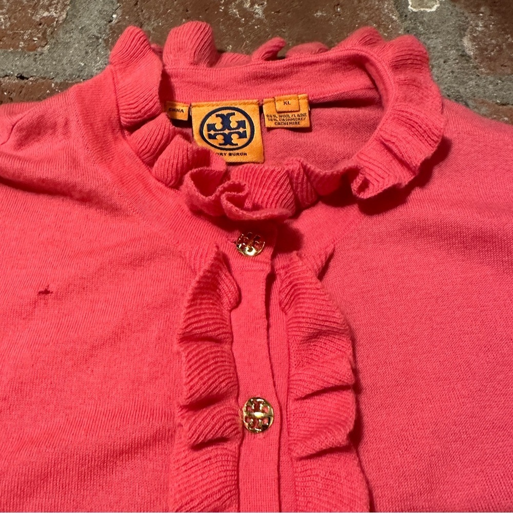 Tory Burch Bright Pink Ruffle Wool Cashmere Button Up Knit Cardigan Sweater XL - Picture 6 of 16
